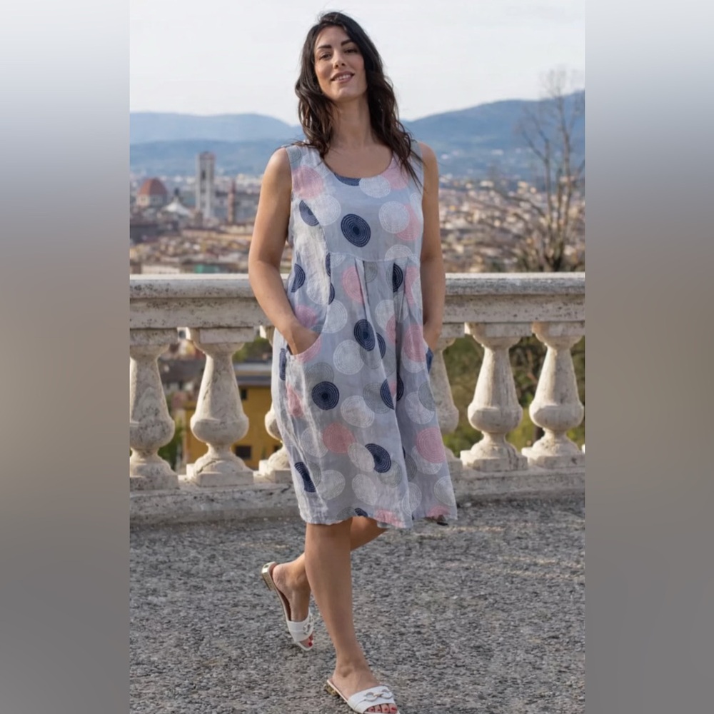 Luca Vanucci Stylish Gray and Pink Sleeveless Linen Dress Size S